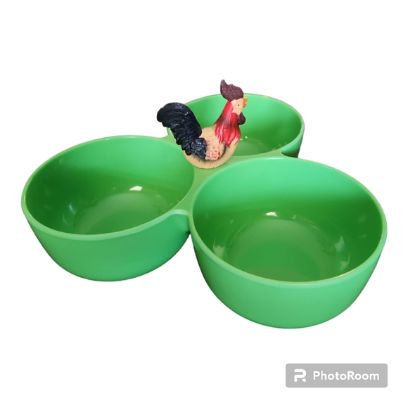 Vintage 3 Section Green Rooster Condiment Melamine Serving Bowl - Picture 1 of 7